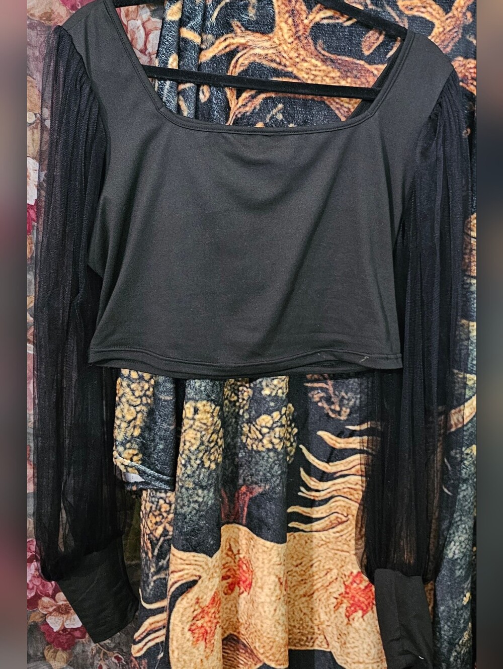 SHEIN Black Square Neck Mesh Puff Sleeve Top
